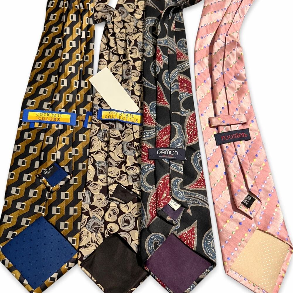 Lot of 4 Bold Men’s Designer Ties – Rooster, Damon Silk, Cocktail Collection